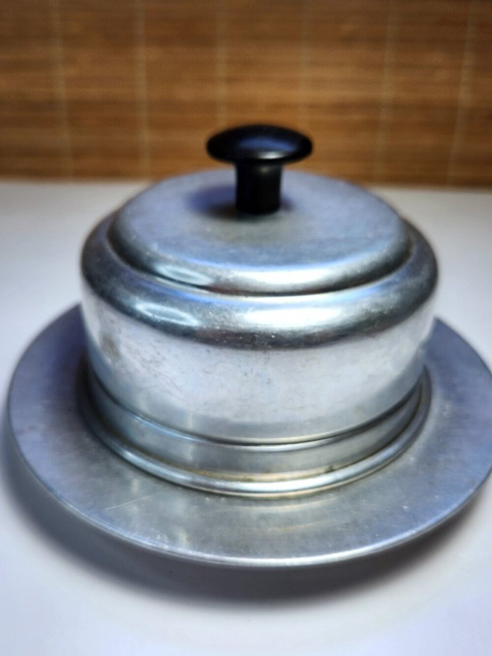 Vintage 1950s Spun Aluminum Butter Dish Lid Ribbed Glass Insert Round Server MCM